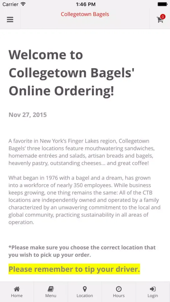Tangkapan skrin Collegetown Bagels Online Ordering