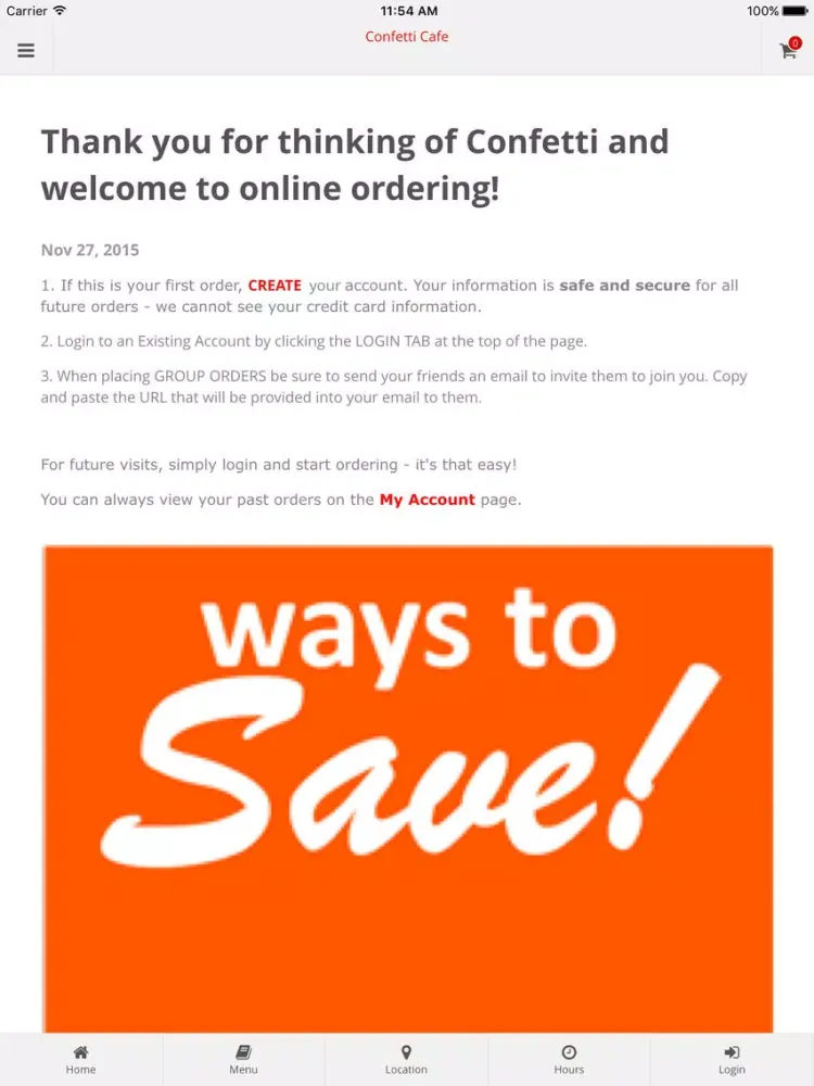 Tangkapan layar Confetti Cafe Online Ordering iPad 