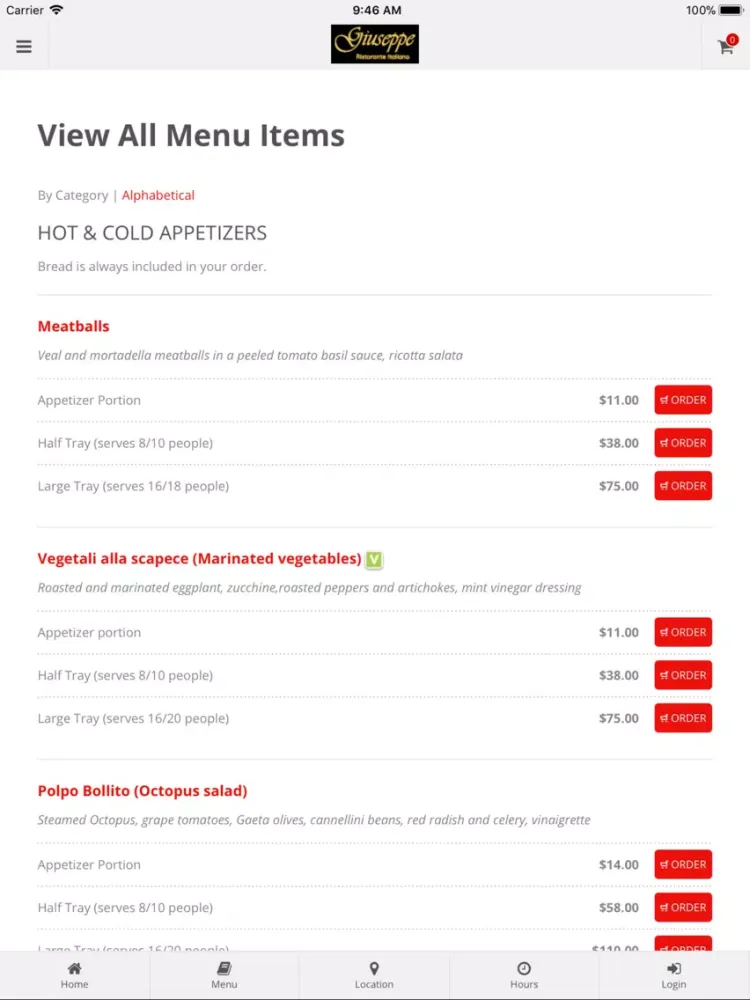 Giuseppe Ristorante Italiano iPad 应用截图