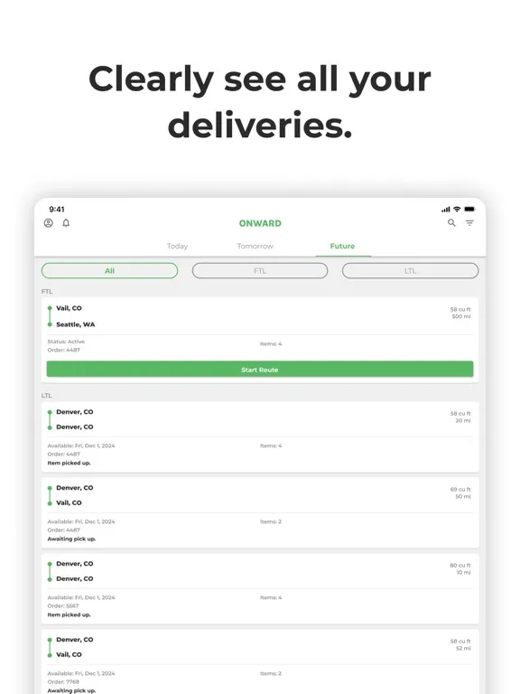 Ảnh chụp màn hình của Onward Delivery iPad 