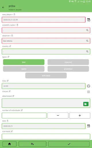 Capturas de tela do OpenBioMaps data forms
