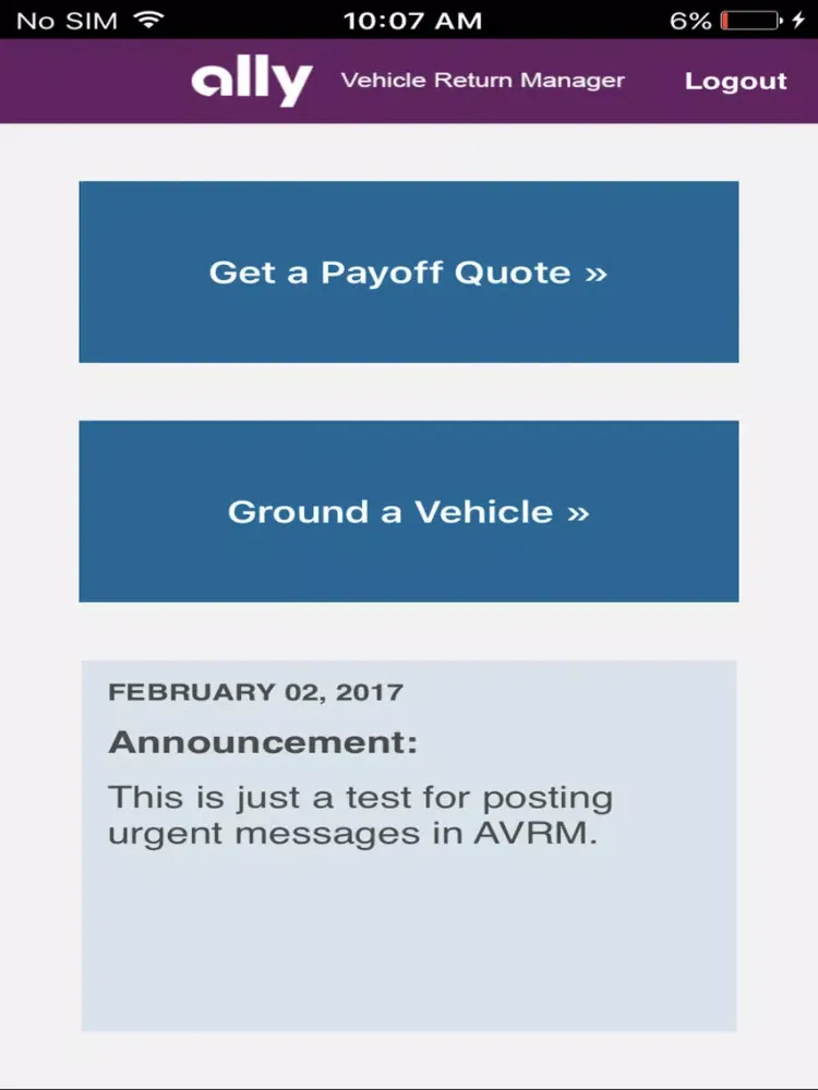 Tangkapan skrin Ally Vehicle Return Manager iPad 