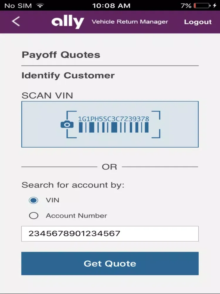Tangkapan skrin Ally Vehicle Return Manager iPad 