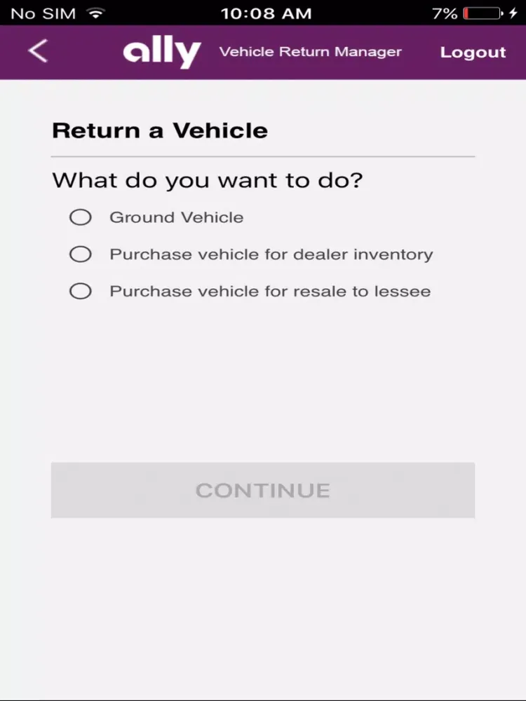 Tangkapan skrin Ally Vehicle Return Manager iPad 