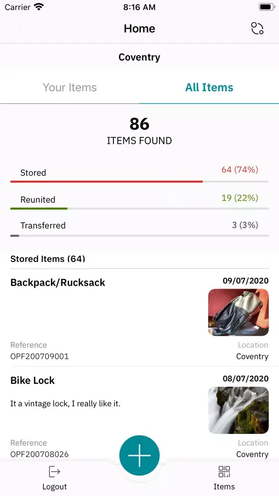 Ảnh chụp màn hình của Opinsta Lost & Found