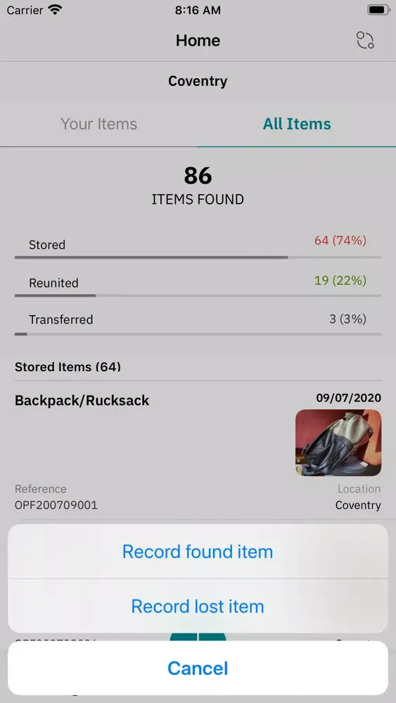Ảnh chụp màn hình của Opinsta Lost & Found