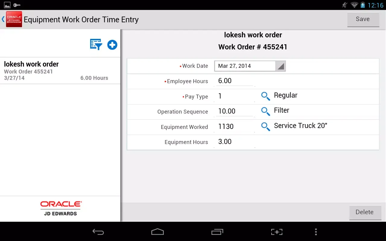 Tangkapan skrin Work Order Time - JDE E1