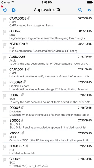 Capturas de tela do Oracle Product Lifecycle Management Mobile