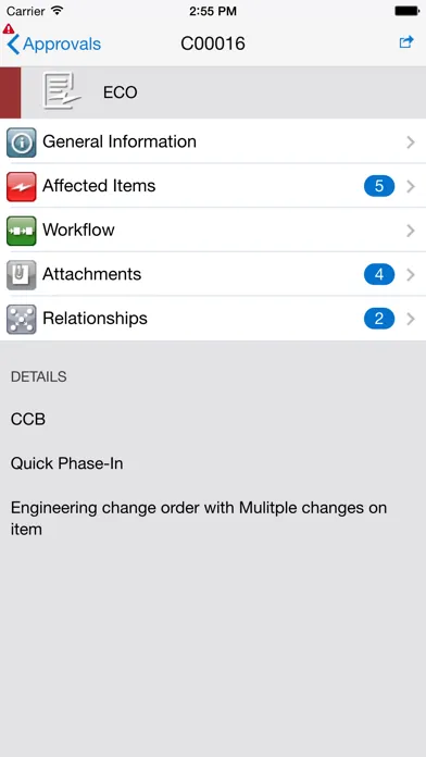 Capturas de tela do Oracle Product Lifecycle Management Mobile