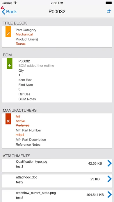 Capturas de tela do Oracle Product Lifecycle Management Mobile