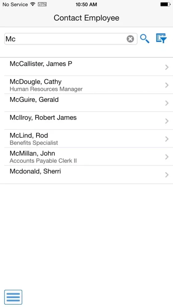 Contact Employee Smartphone for JDE E1 Screenshots