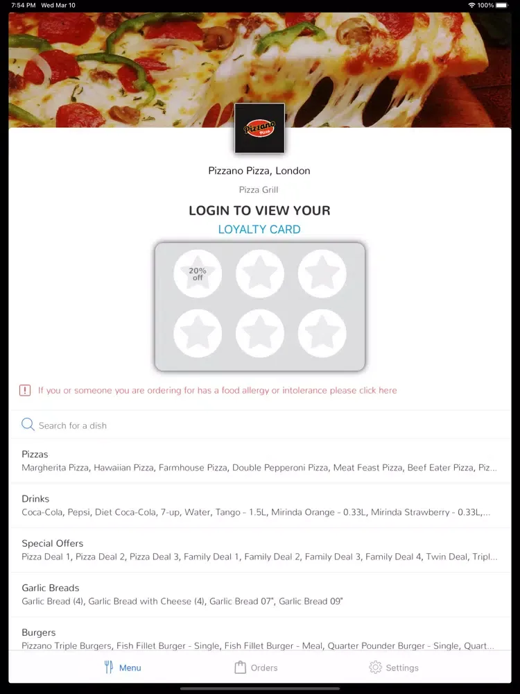 ภาพหน้าจอของ Pizzano Pizza, London iPad 