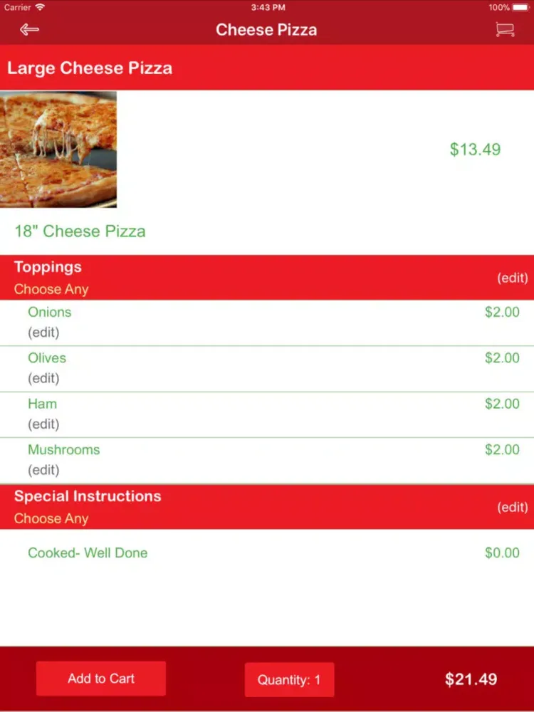 Tangkapan skrin North Brunswick Pizza iPad 