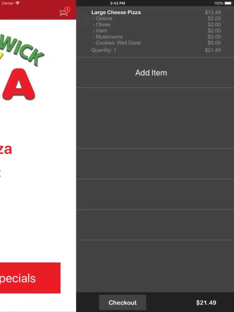 Tangkapan skrin North Brunswick Pizza iPad 