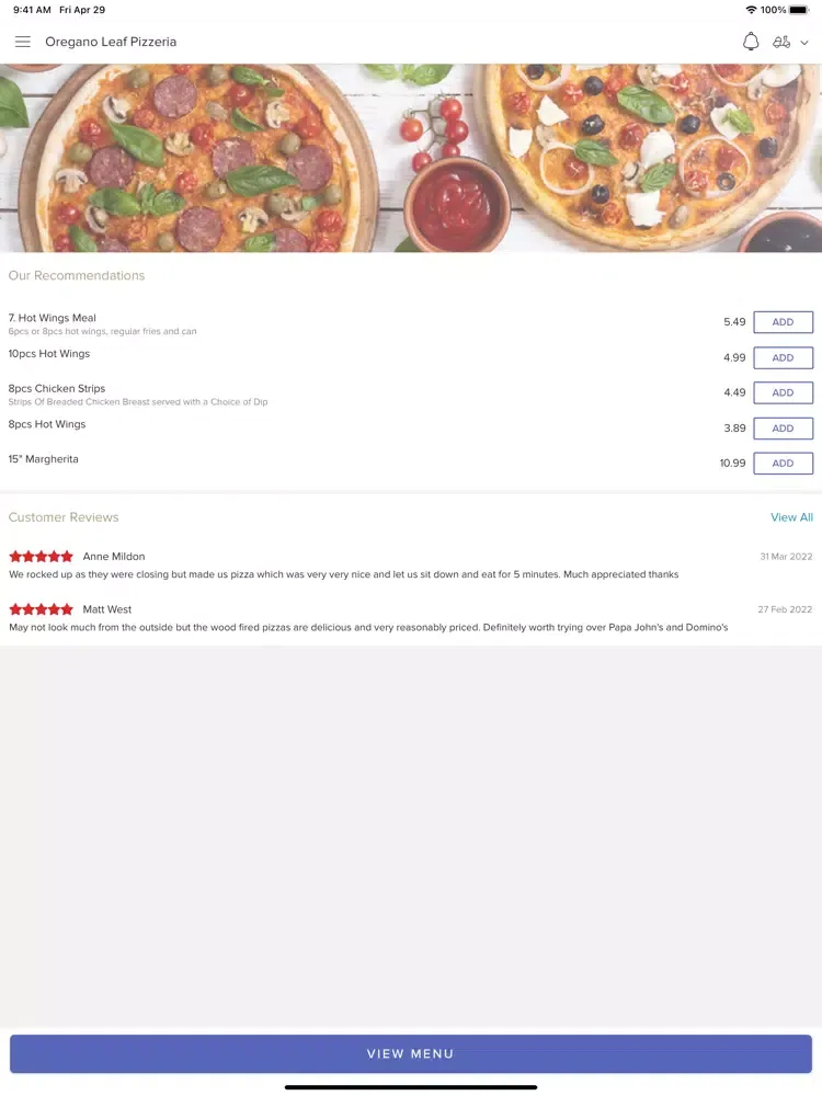 Captures d'écran de Oregano Leaf Pizzeria. iPad 