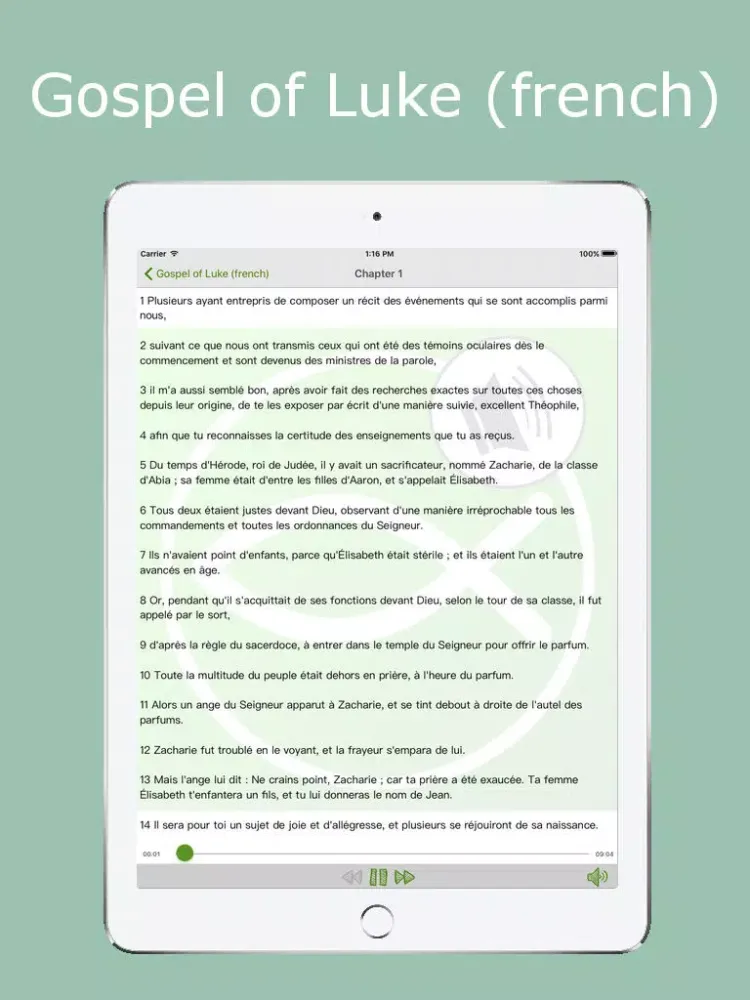 Tangkapan skrin Listen Luke Gospel in french : Listen Jesus's life with the Saint Luke's Gospel, from the new testament and the holy bible iPad 