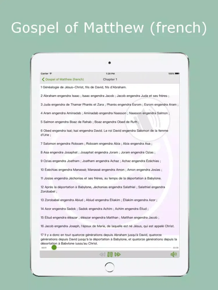 Listen Matthew Gospel in french : Listen Jesus's life with the Saint Matthew's Gospel, from the new testament and the holy bible iPad 應用截圖