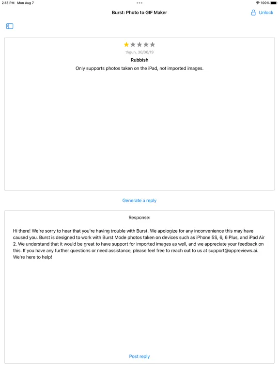 ภาพหน้าจอของ AppReviews.ai - review replies iPad 