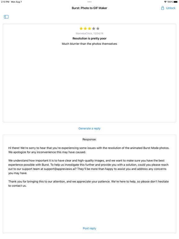 ภาพหน้าจอของ AppReviews.ai - review replies iPad 