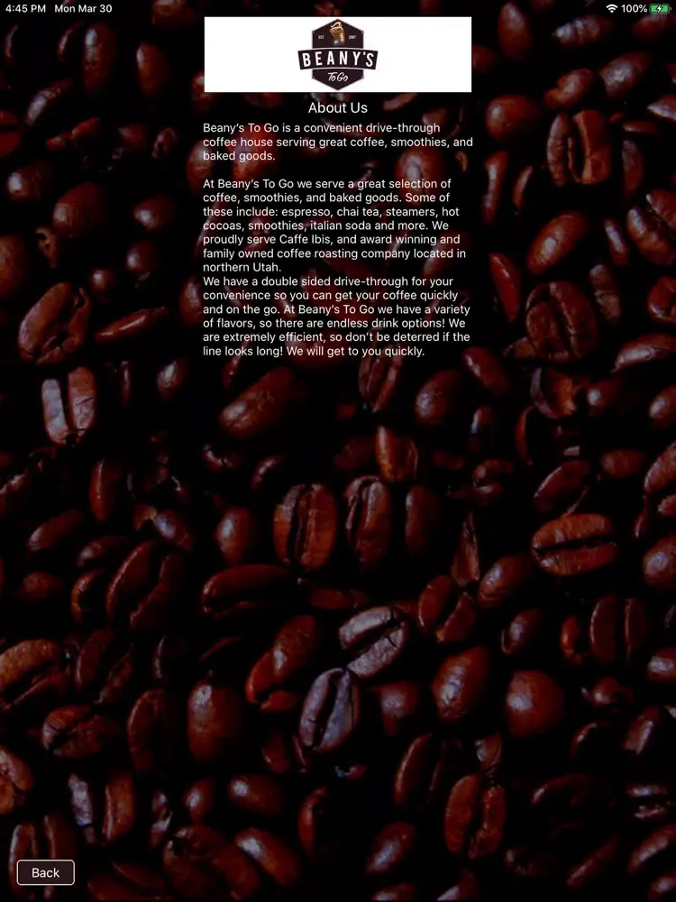Beany's To Go iPad  Screenshots