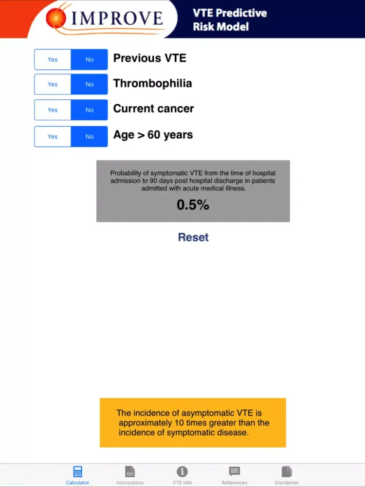 ภาพหน้าจอของ VTE Predictive Model iPad 