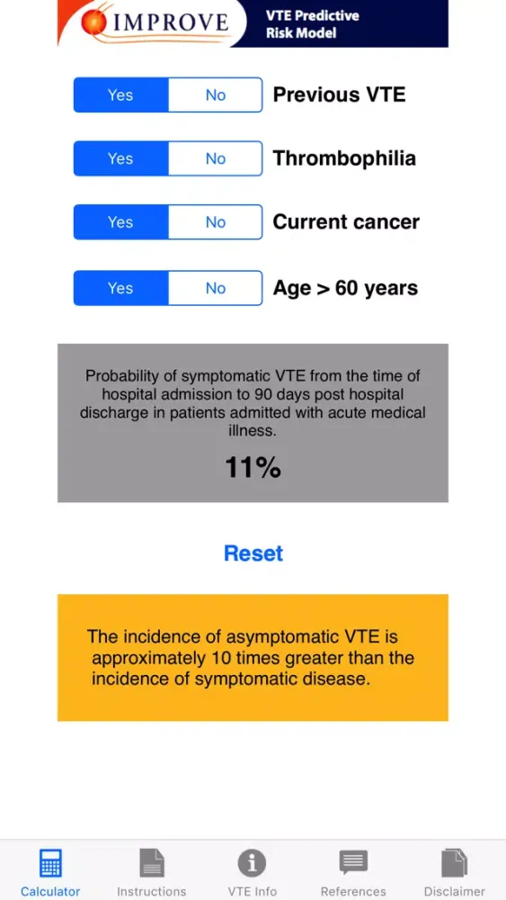 ภาพหน้าจอของ VTE Predictive Model