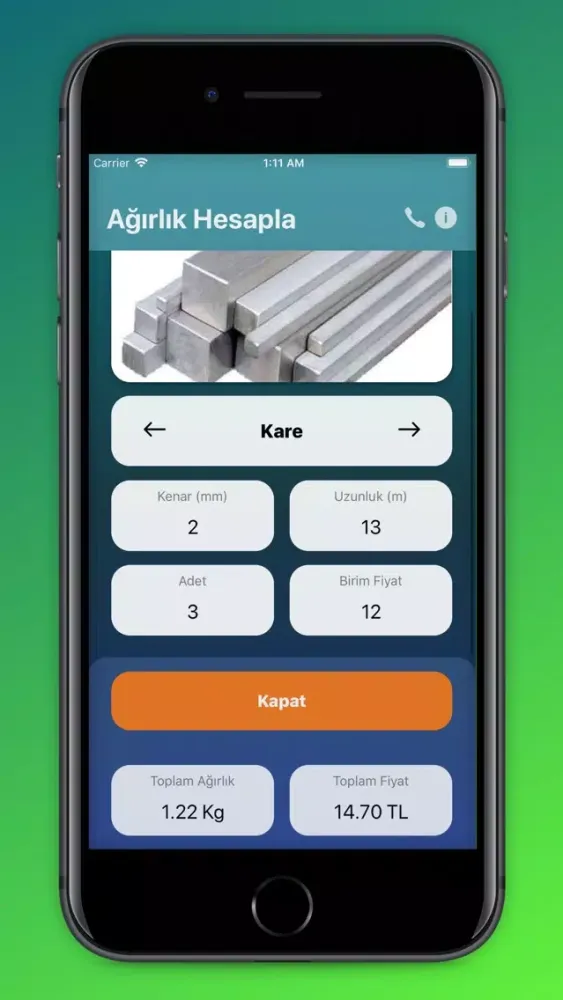 Ảnh chụp màn hình của ÖzdemirÇelik Ağırlık Hesaplama