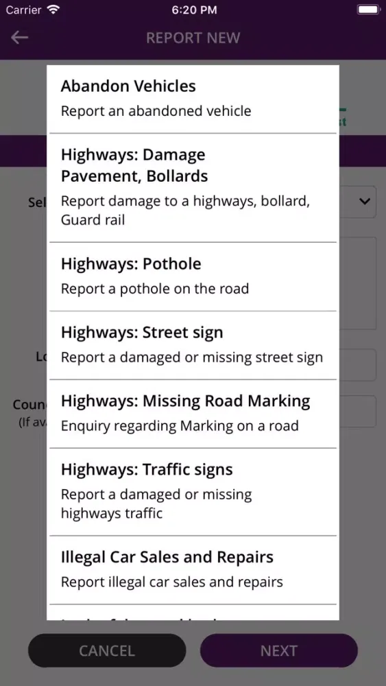 Capturas de tela do Council Fault Report WF-Cust