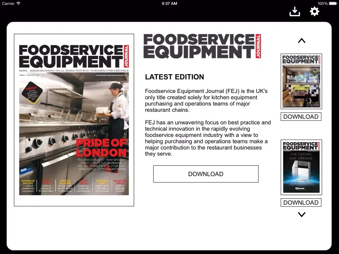 Tangkapan layar Food Service Equipment Journal iPad 