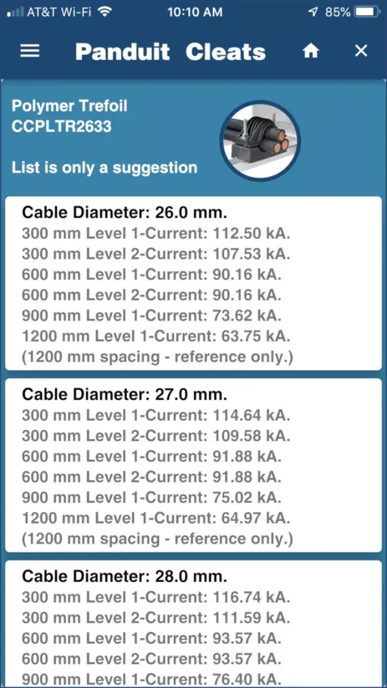 Panduit Cleat kAlculator Screenshots