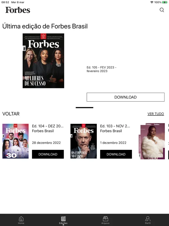 Capturas de tela do Forbes Brasil iPad 