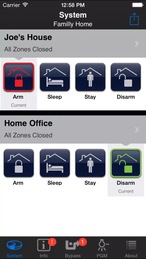 Tangkapan layar iParadox–Alarm System Control