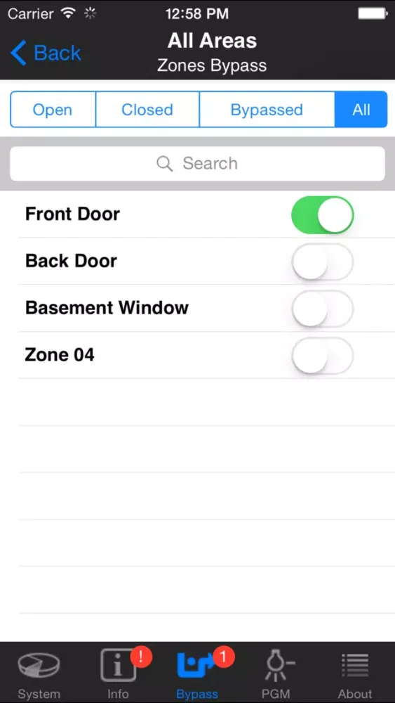 Tangkapan layar iParadox–Alarm System Control