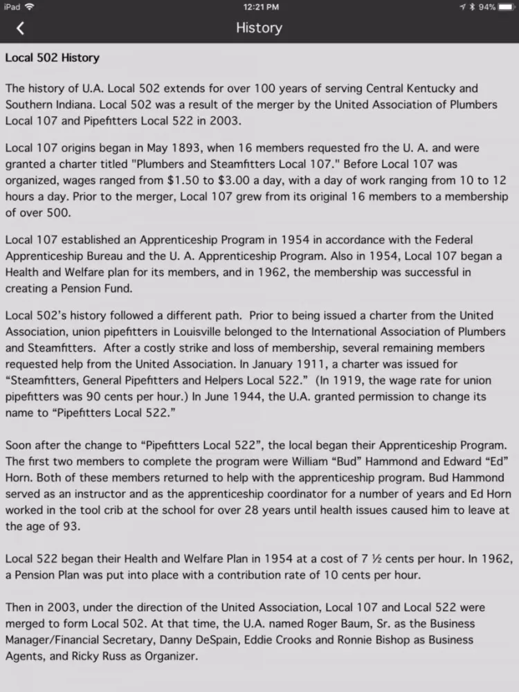 UA Local 502 iPad  Screenshots
