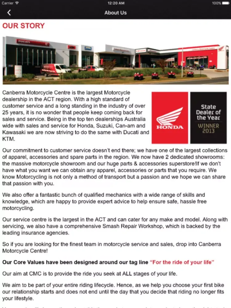 Ảnh chụp màn hình của Canberra Motorcycle Centre iPad 