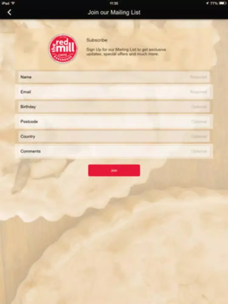 Screenshot di the red mill bakehouse iPad 