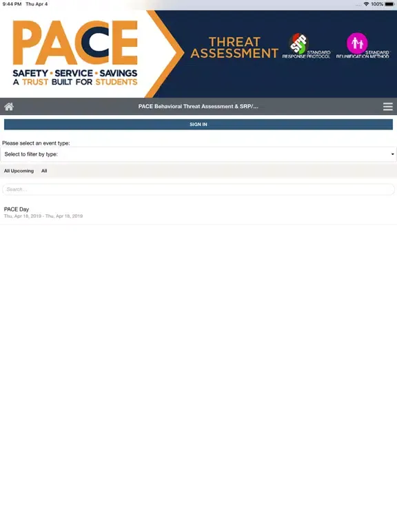 Ảnh chụp màn hình của PACE Events iPad 