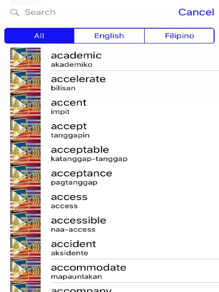 Tangkapan layar Filipino Dictionary GoldEdition iPad 