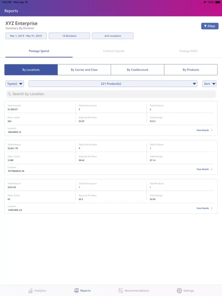ภาพหน้าจอของ SendPro® Analytics iPad 