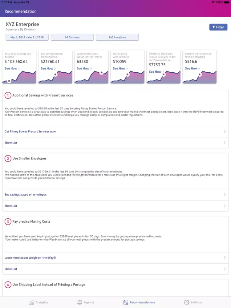 ภาพหน้าจอของ SendPro® Analytics iPad 
