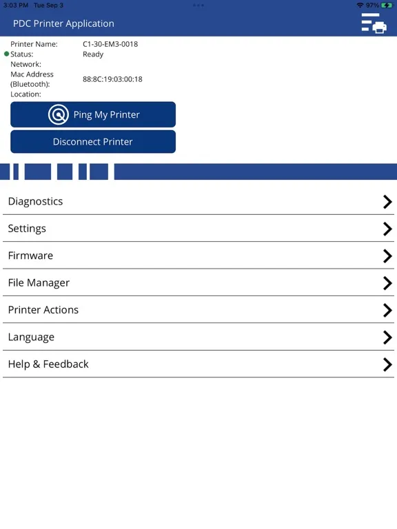 Ảnh chụp màn hình của PDC Printer Application iPad 