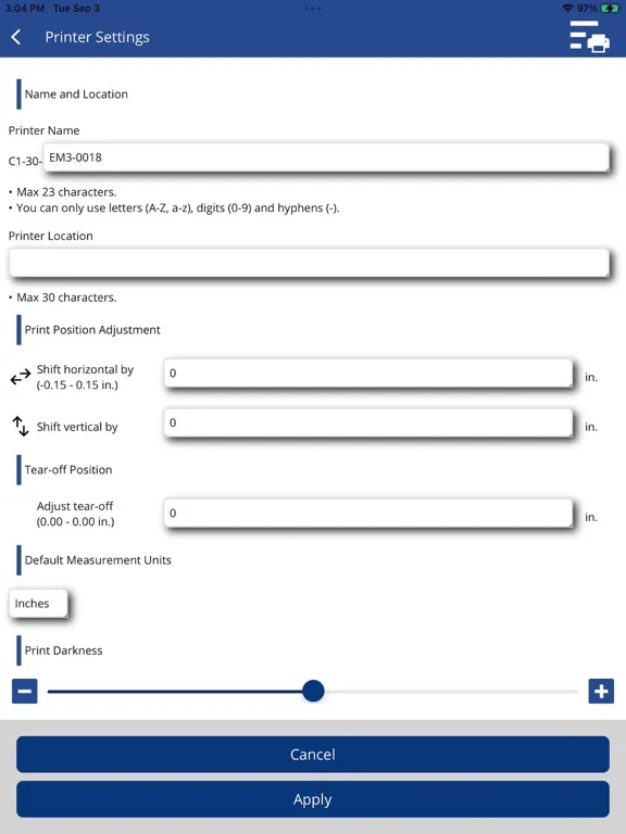 Ảnh chụp màn hình của PDC Printer Application iPad 