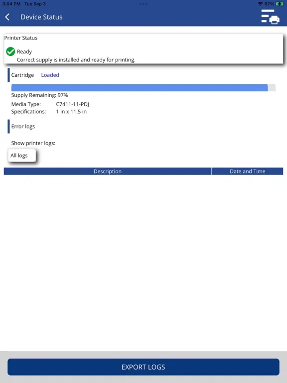 Ảnh chụp màn hình của PDC Printer Application iPad 