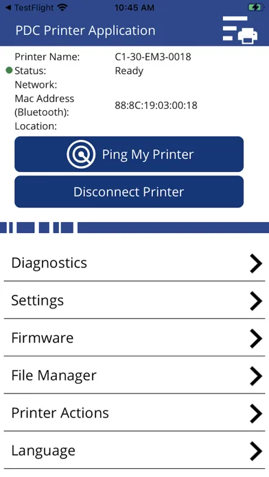 Ảnh chụp màn hình của PDC Printer Application