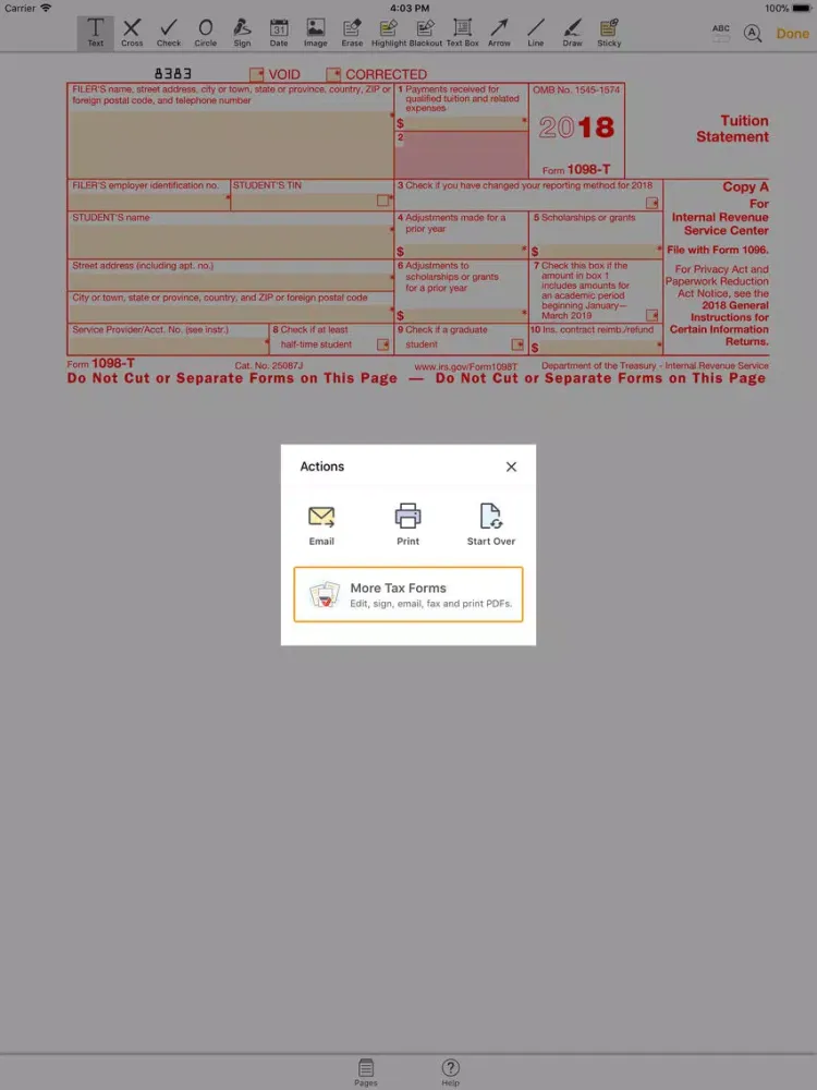 Zrzuty ekranu 1098T Form: fill & send PDF iPad 