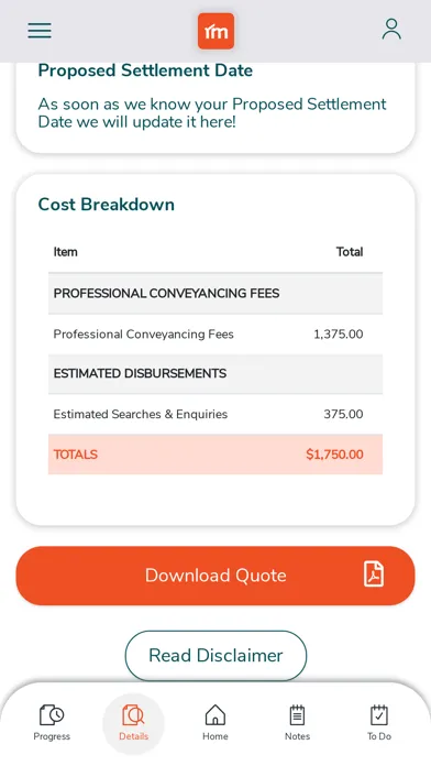 Capturas de tela do RM Property Conveyancing