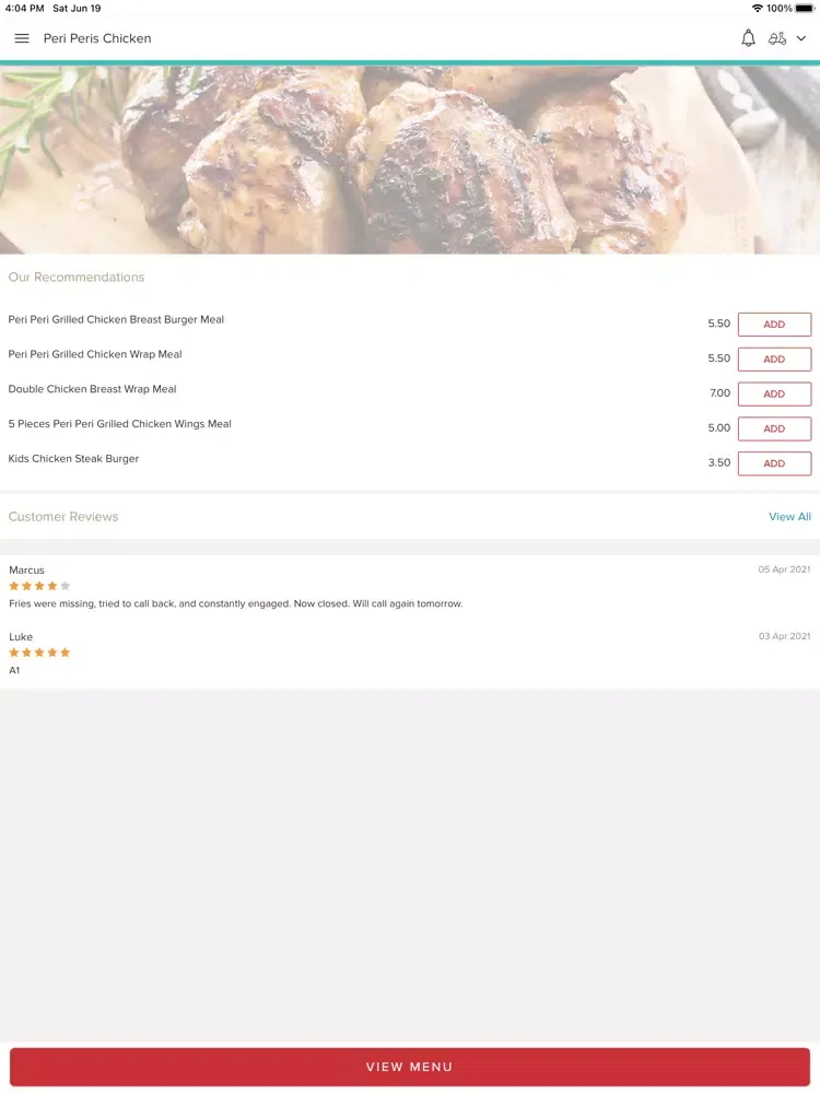 Tangkapan skrin Peri Peris Chicken Gloucester iPad 