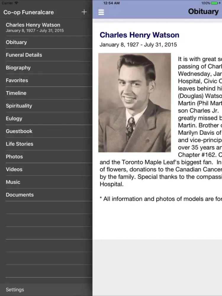 Capturas de tela do The Co-operative Funeralcare iPad 