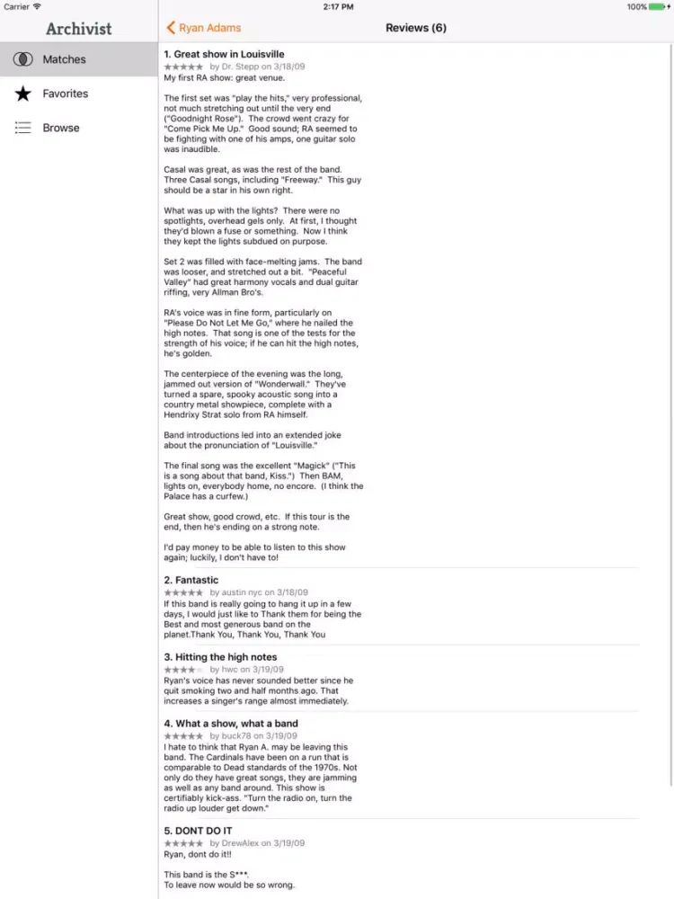 Capturas de tela do Archivist Live Music iPad 
