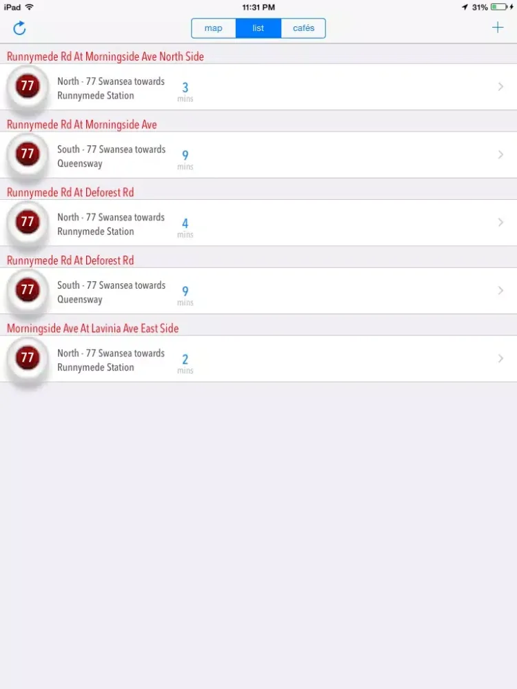 Tangkapan layar myBus Transit App iPad 